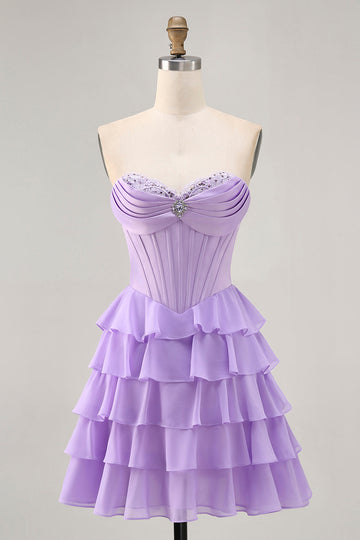 Strapless Purple Tiered Corset A Line Short Homecoming Dress